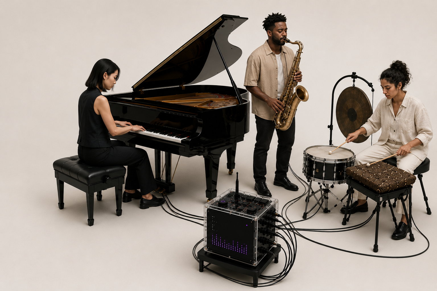Three musicians — piano, saxophone, and percussion — playing together with the Free Clicker hub between them