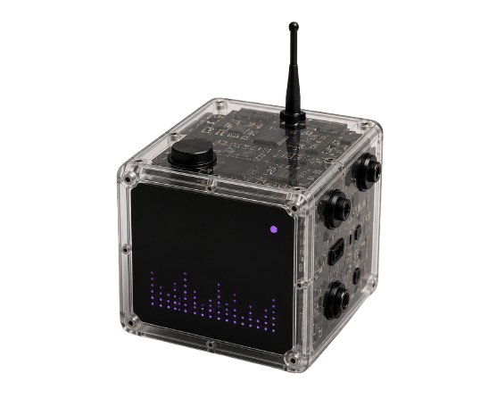 Free Clicker Gesture Hub — transparent acrylic cube with PCB visible, black display, rotary knob, and antenna